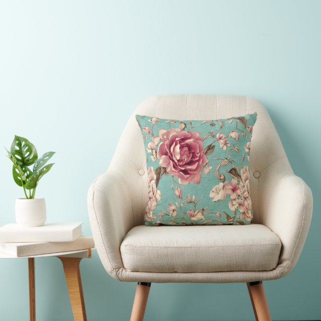 Shabby Chic Pink and White Florals on Teal Kudde (Stol)