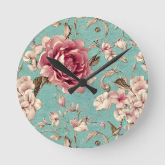 Shabby Chic Pink and White Florals on Teal Rund Klocka