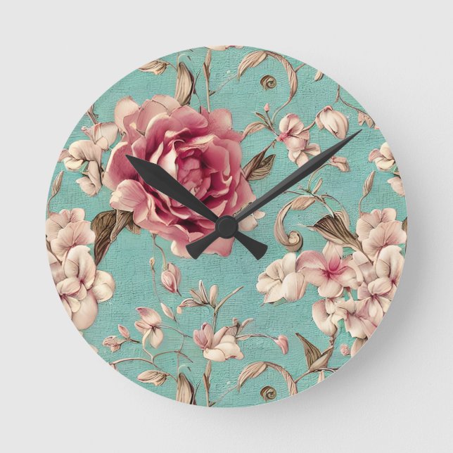 Shabby Chic Pink and White Florals on Teal Rund Klocka (Framsida)