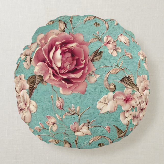 Shabby Chic Pink and White Florals on Teal Rund Kudde (Framsidan)