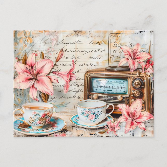 Shabby chic Pink Lily with Antique Radio Receiver Vykort (Framsida)