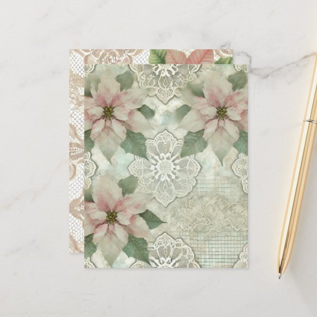 Shabby chic Poinsettia och Snöre Skrapbok Papper (Fram/Back In Situ)