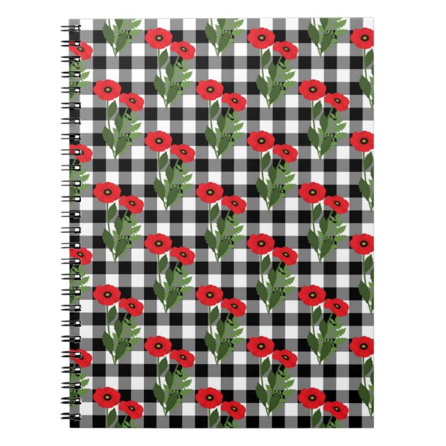 Shabby chic Red, Black & White Poppies Blommigt Anteckningsbok (Framsidan)