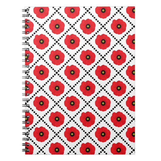 Shabby chic Red, Black & White Poppies Blommigt Anteckningsbok (Framsidan)