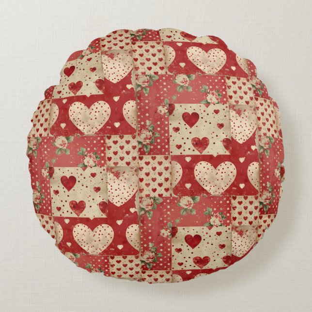 Shabby chic Red Patchwork Mönster Rund Kudde (Framsidan)