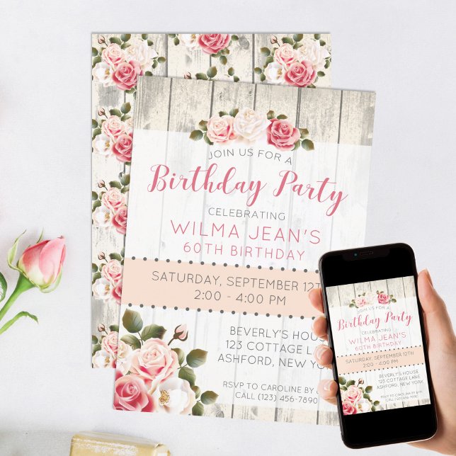 Shabby chic Ro Rustic Wood Birthday-inbjudan Inbjudningar (Skapare uppladdad)