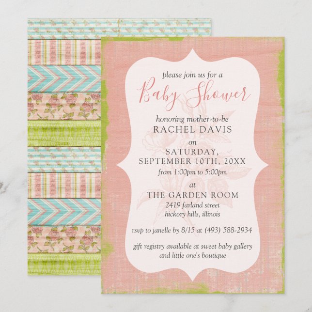 Shabby chic Ro Rustic Wood Blommigt Baby Shower Inbjudningar (Fram/baksida)