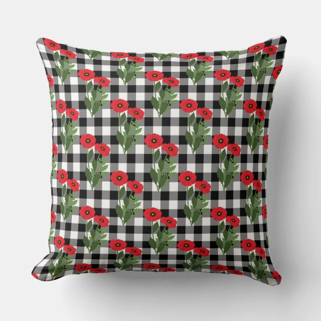 Shabby Chic Röd, Svart & Vit Poppies Gingham Kudde (Framsida)