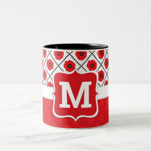 Shabby Chic Röd, Svart & Vit Vallmo Monogram Två-Tonad Mugg