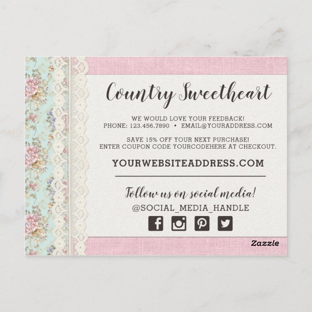 Shabby chic Rosa Blommigt Boutique Tack Vykort (Baksida)