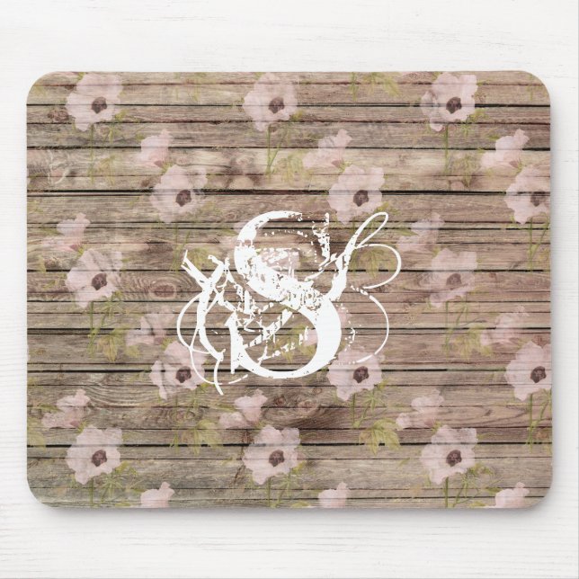 Shabby chic Rosa Blommönster Wood Monogram Musmatta (Framsidan)