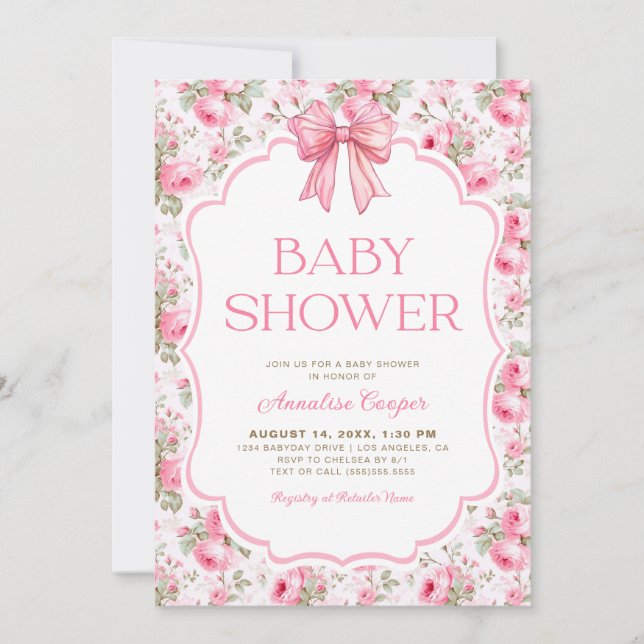 Shabby chic Rosa Bow Baby Shower Inbjudningar (Framsida)