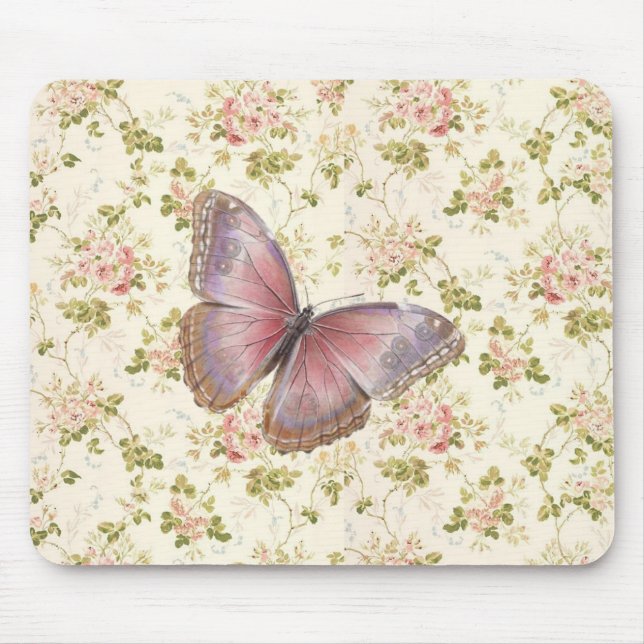 Shabby Chic Rosa Fjäril Blommig Musmatta (Framsidan)
