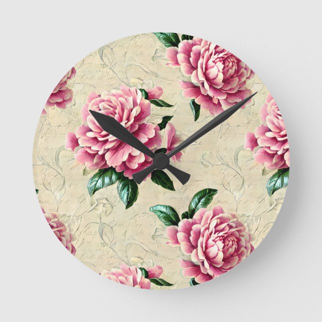 Shabby chic Rosa Gardenias Rund Klocka (Framsida)