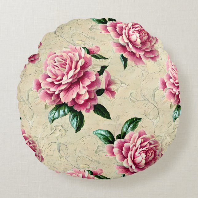 Shabby chic Rosa Gardenias Rund Kudde (Framsidan)