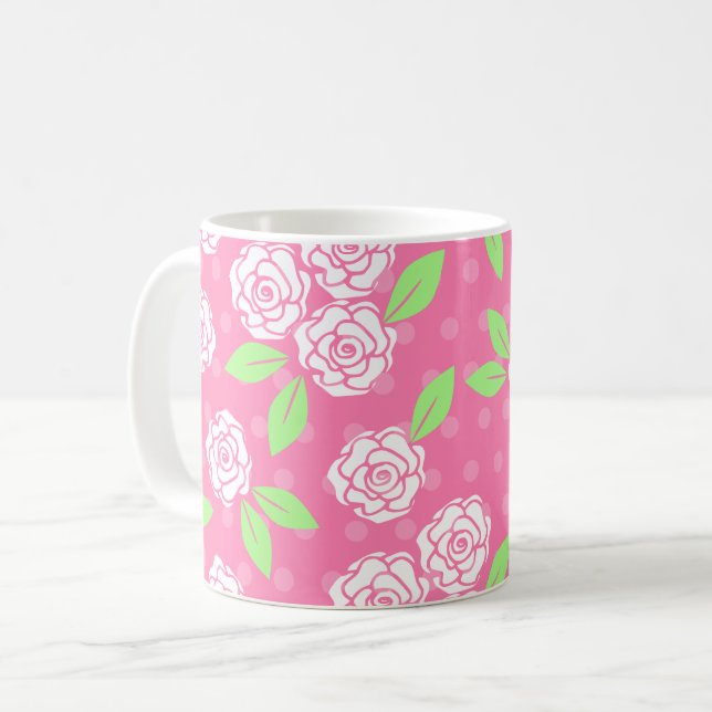 Shabby Chic Rosa Grön Blommig Feminint Kaffemugg (Framsida vänster)
