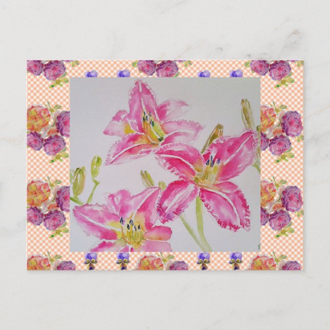 Shabby Chic rosa Lilja Blommig Gingham Rosor Vykort (Framsida)