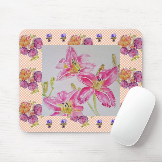 Shabby chic rosa Lily Blommigt Flowers Gingham Ro Musmatta (Med mus)