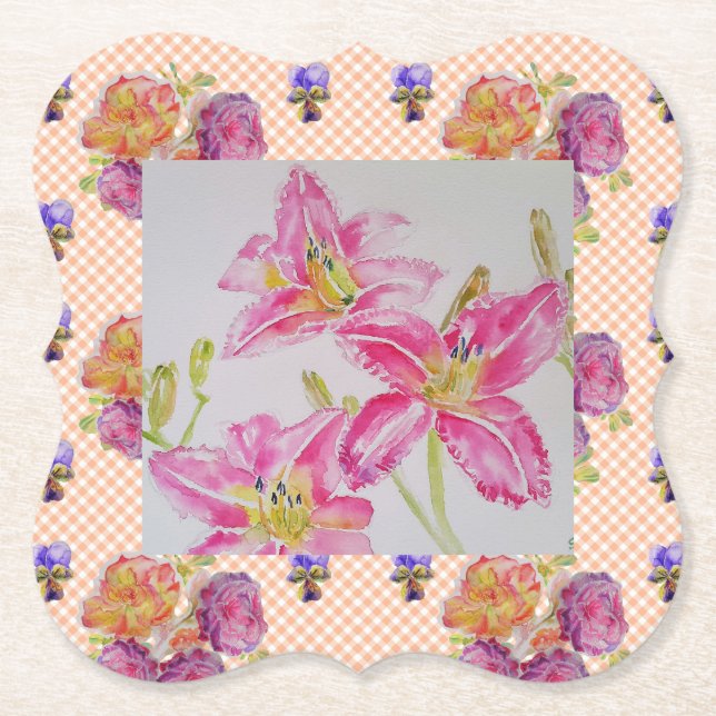 Shabby chic rosa Lily Blommigt Flowers Gingham Ro Underlägg Papper (Framsida)