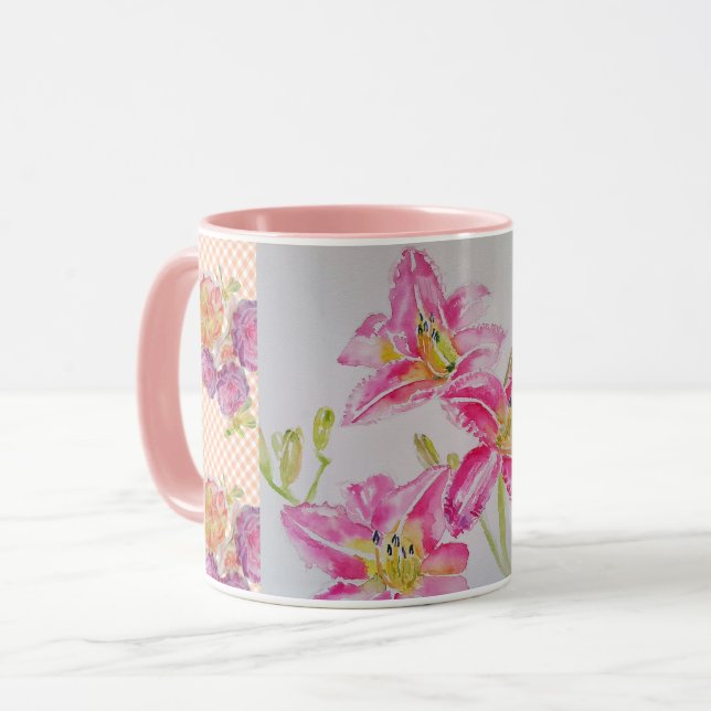 Shabby chic rosa Lily Blommigt Flowers Gingham Ros Mugg (Framsida vänster)