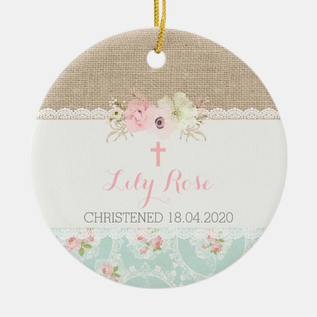 Shabby chic Rosa, Mint, Snöre och Burlap Religiösa Julgransprydnad Keramik (Framsidan)