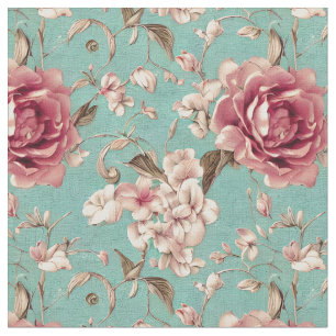 Shabby chic Rosa och vita Blommigtar på teal Tyg