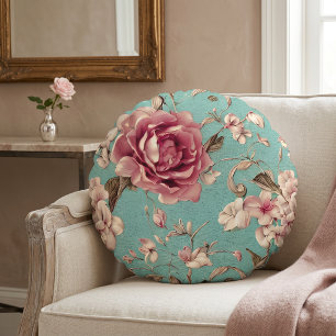 Shabby Chic Rosa och Vita Blommor på Turkos Rund Kudde