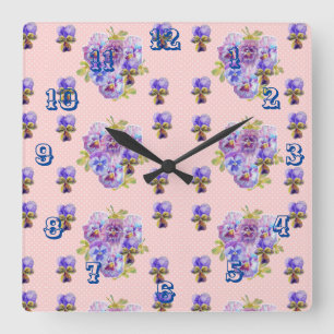 shabby chic Rosa Pansies Pansy Blommigt Art Clock Fyrkantig Klocka