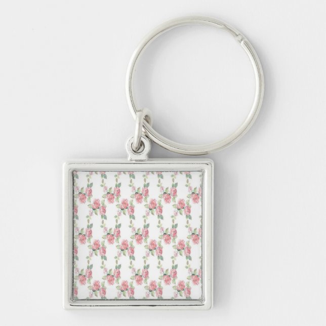 Shabby Chic Rosa Ros Blommig Fyrkantig Silverfärgad Nyckelring (Framsidan)