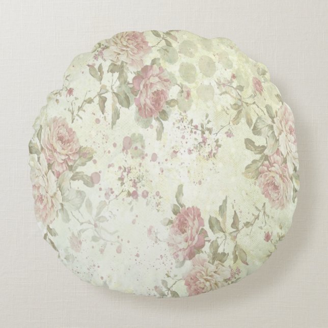 Shabby Chic Rosa Ros Blommig Rund Kudd Kudde (Framsidan)