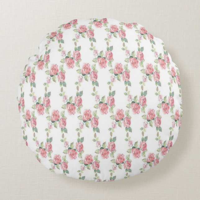 Shabby Chic Rosa Ros Blommig Rund Kudde (Framsidan)