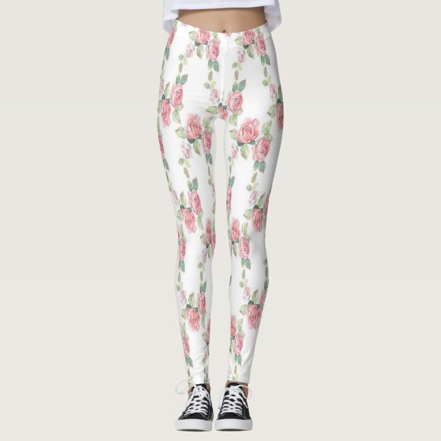 Shabby Chic Rosa Ros Blommiga Leggings (Framsida)