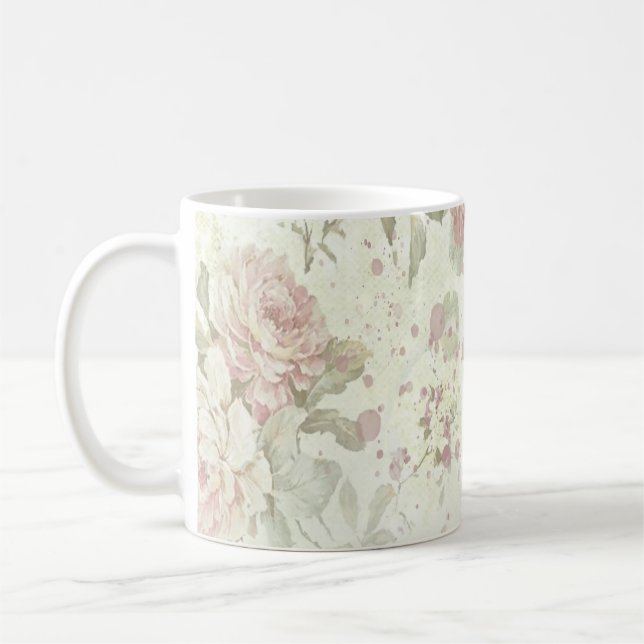 Shabby chic Rosa ros Blommigt Kaffemugg (Vänster)