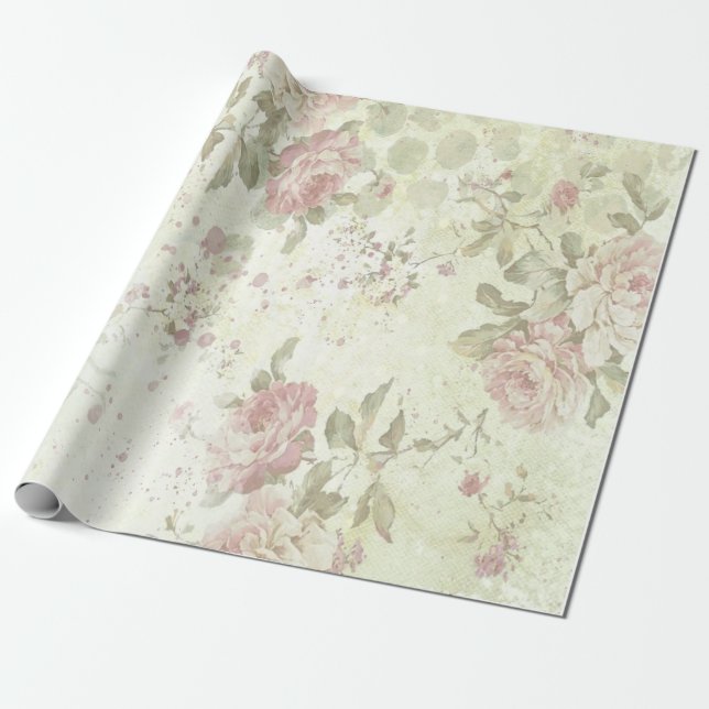 Shabby chic Rosa ros Blommigt Presentpapper (Utrullad)
