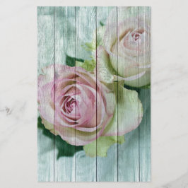 Shabby chic Rosa ros på blått trä Brevpapper