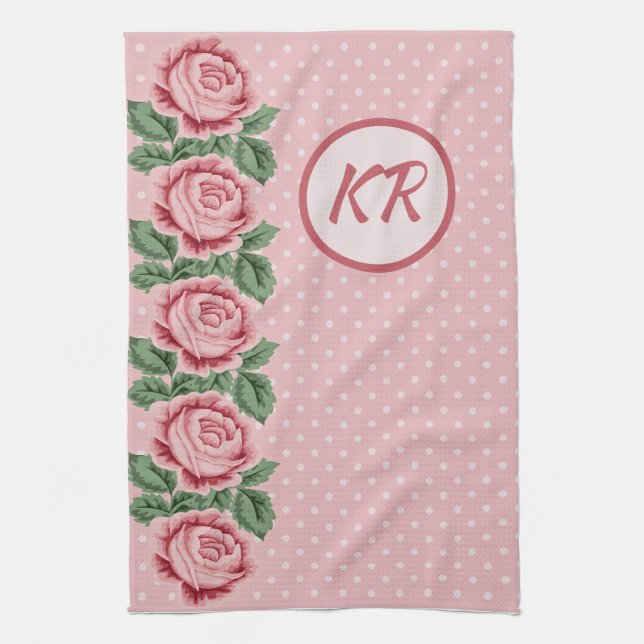 Shabby chic Rosa ros Polka Dot Monogrammed Kökshandduk (Vertikal)