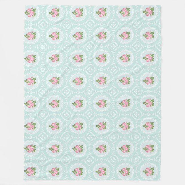 Shabby chic Rosa ros Teal Large Fleecefilt (Framsidan)