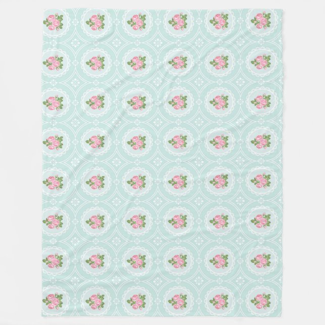 Shabby Chic Rosa Rosor Teal Stor Fleecefilt (Framsidan)