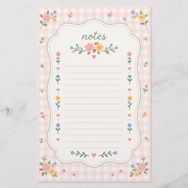 Shabby Chic Rosa Rutigt Blommigt Brevpapper (Framsida)
