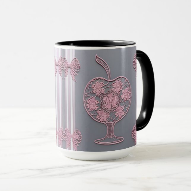 Shabby Chic Rosa Spetsäpple Blommig Vintage Grå  Mugg (Framsida höger)