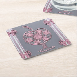 Shabby Chic Rosa Spetsäpple Blommig Vintage Grå Underlägg Papper Kvadrat