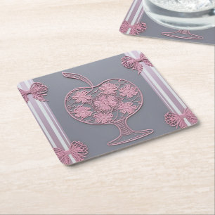 Shabby Chic Rosa Spetsäpple Blommig Vintage Grå Underlägg Papper Kvadrat