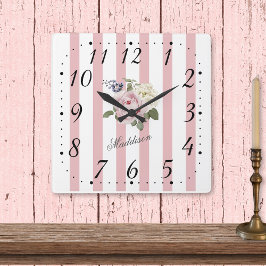 shabby chic Rosa stripe Bukett med rosor monogramm Fyrkantig Klocka