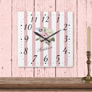 shabby chic Rosa stripe Bukett med rosor monogramm Fyrkantig Klocka