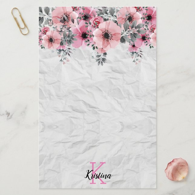 Shabby Chic Rosa Vattenfärg Blommig Anpassad Monog Brevpapper (Skapare uppladdad)
