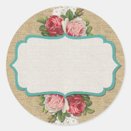 Shabby Chic Rosor på Antik Spets & Rustik Jute Runt Klistermärke