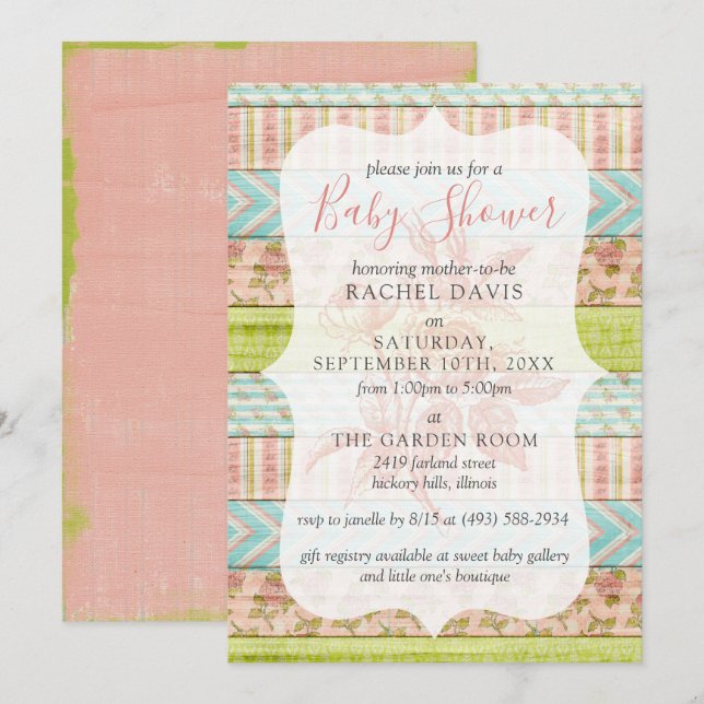 Shabby Chic Rosor Rustik Trä Blommig Baby Shower Inbjudningar (Fram/baksida)