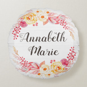 Shabby chic Rustic Blommigt Baby Namn Nursery Deco Rund Kudde