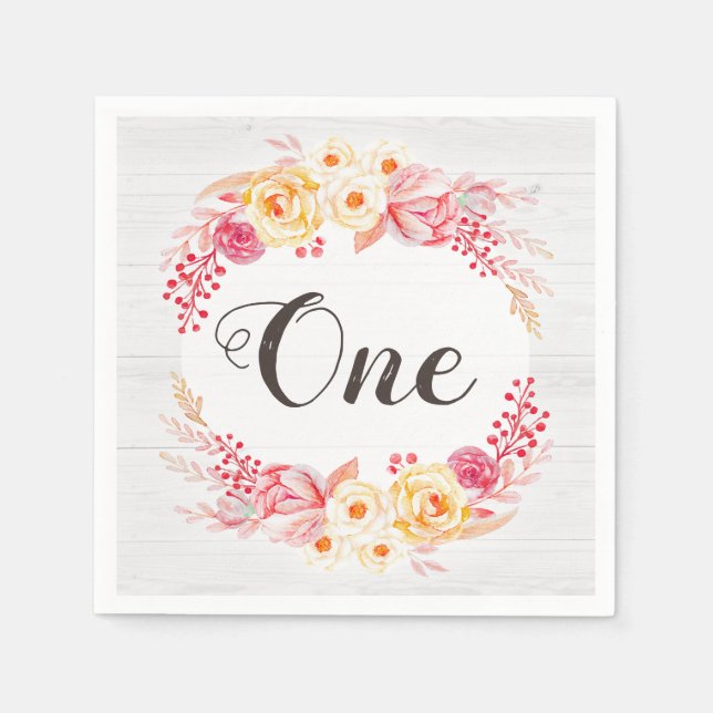 Shabby chic Rustic Blommigt en första Födelsedagsf Pappersservett (Framsidan)