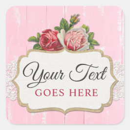 Shabby chic Rustic Wood Rosa Blommigt Vintage Ro Fyrkantigt Klistermärke